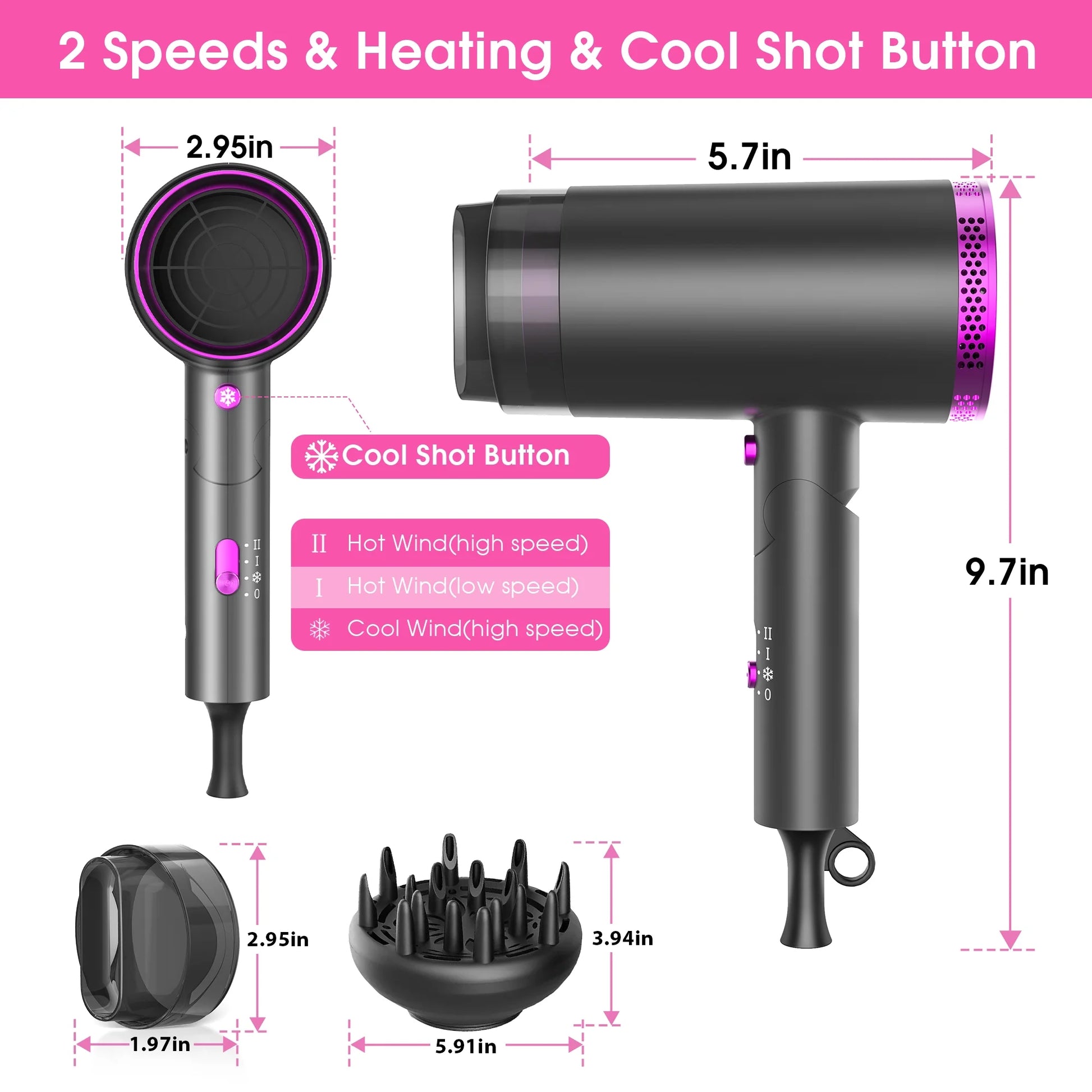Professional Ionic Hair Blow Dryer with 3 Heat Settings, 2 Speeds, 1875W