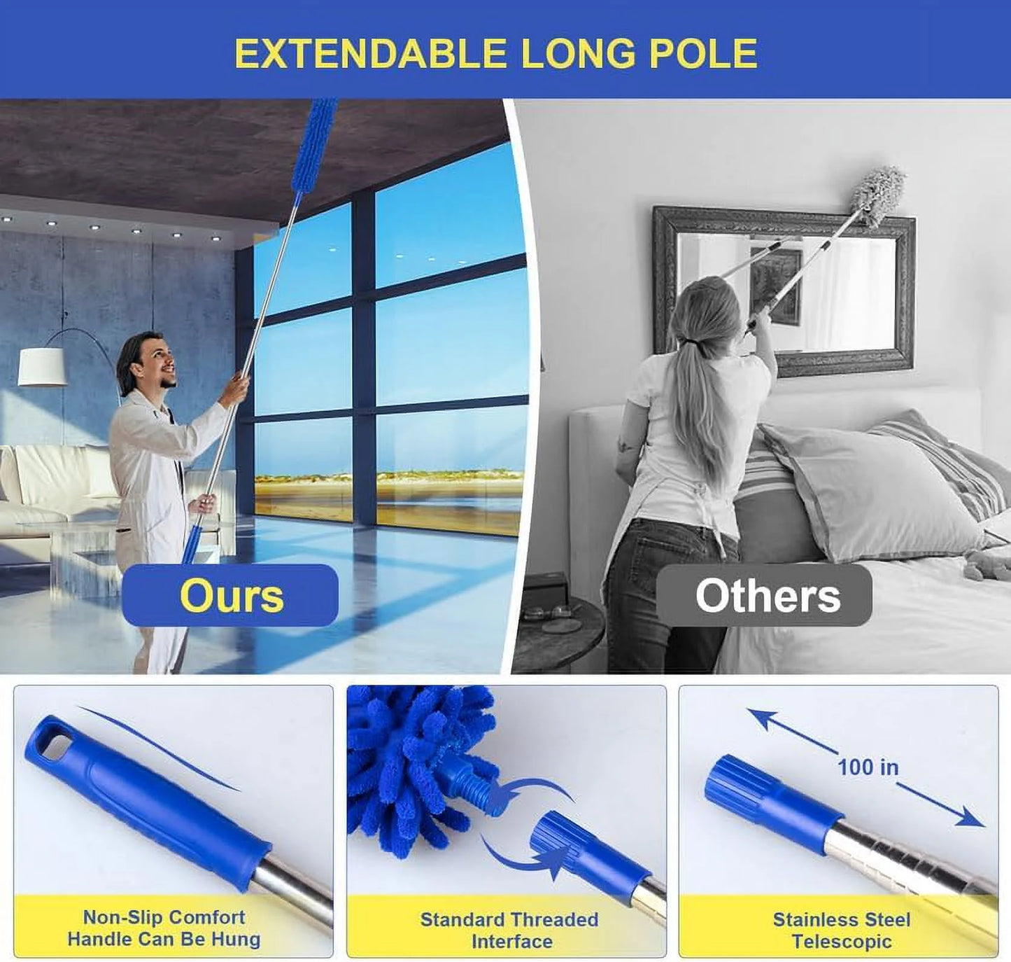6Pcs Washable Cobweb Dusters with 100” Extension Long Pole Cleaning Kit