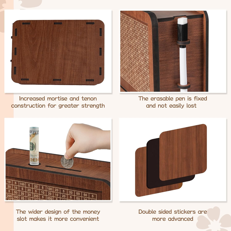 Cash Vault Wooden Savings Challenge Box, Wooden Cash Savings Box with Money Target and Numbers
