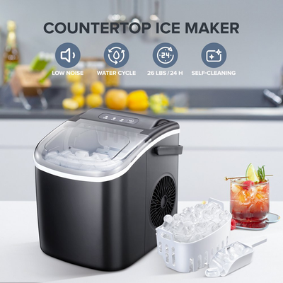 Self-Cleaning Portable Ice Maker Machine with Handle, 9 Bullet-Shaped Ice Cubes Ready in 6 Mins, 26Lbs/24H