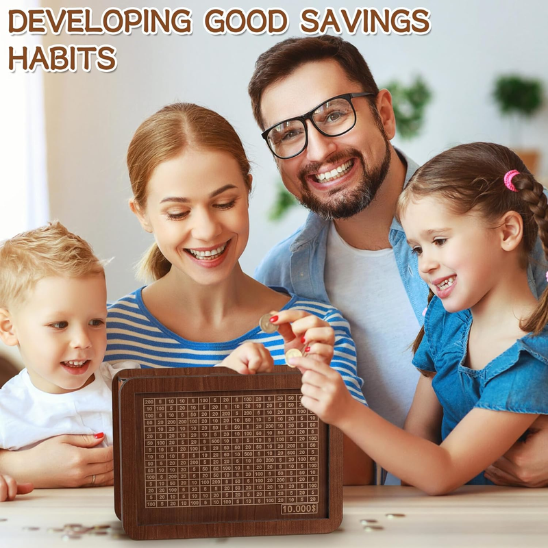 Cash Vault Wooden Savings Challenge Box, Wooden Cash Savings Box with Money Target and Numbers