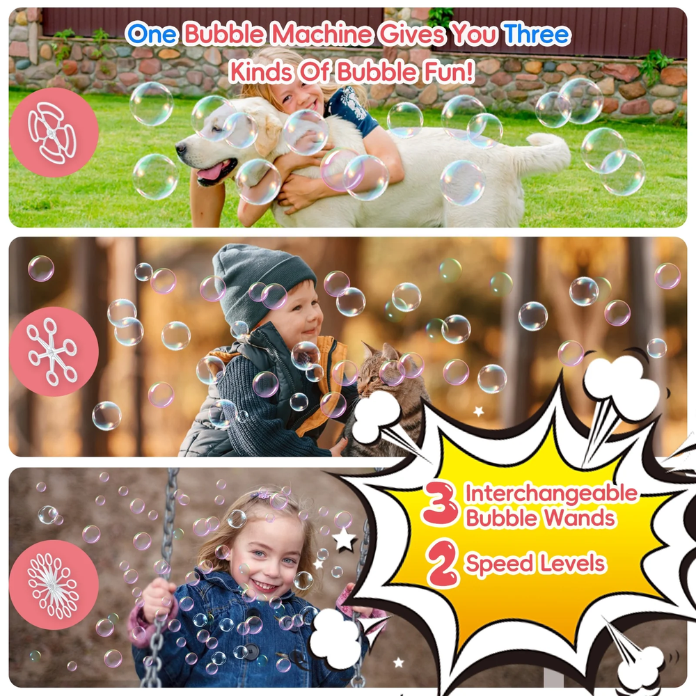 Automatic Bubble Machine with 3 Replaceable Wands, 10000+ Bubbles per Minute