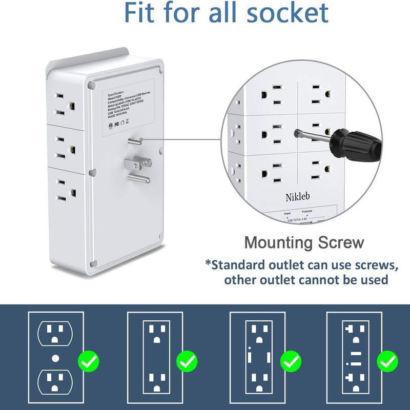Multi Plug Surge Protection Outlet, 12 Electrical Outlet Extender 3 Sided with 4 USB Charging Ports