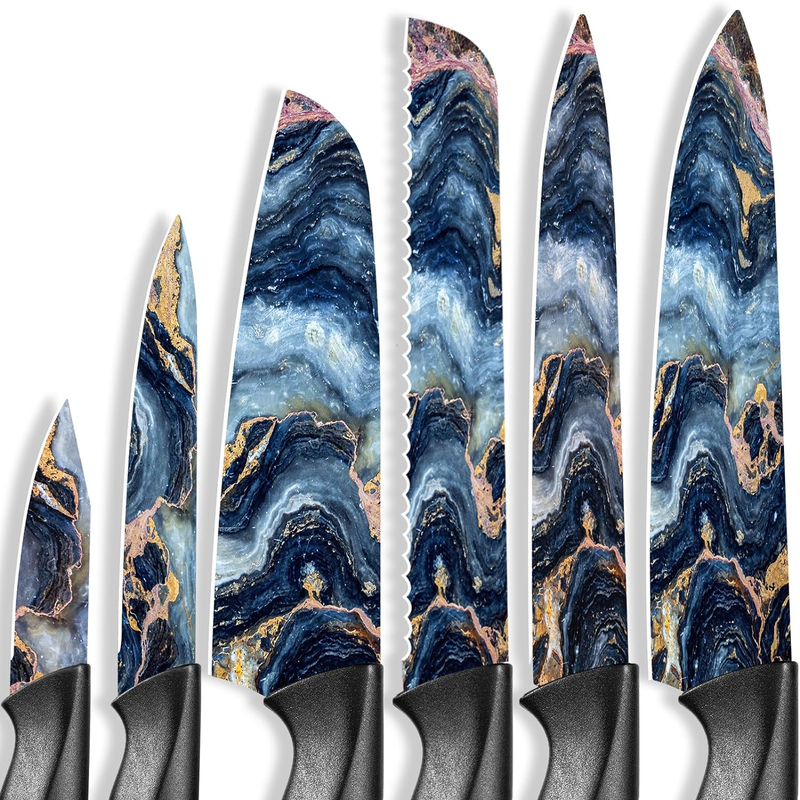 12 Pcs Colorful Pattern Kitchen Knife Set, 6 Stainless Steel Kitchen Knives with 6 Blade Guards, Dishwasher Safe
