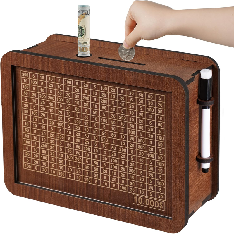 Cash Vault Wooden Savings Challenge Box, Wooden Cash Savings Box with Money Target and Numbers