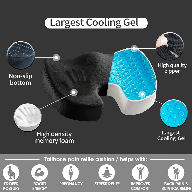 Memory Foam Cooling Gel Seat Cushion for Tailbone Pain Relief