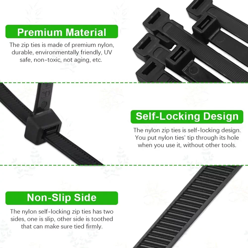 1000 Pack Black Zip Ties Self-Locking Design - Multiple Lengths - 4in 6in 8in 10in