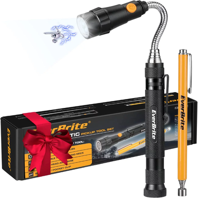 2 Piece Everbrite Magnetic Pick up Tool Set, Telescoping 360 Swivel Extensible Magnet Tool with LED Light Included