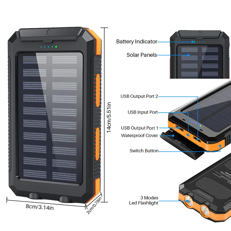 20000 mAh Portable Solar Charger for Iphone and Android - Dual 5V USB Ports