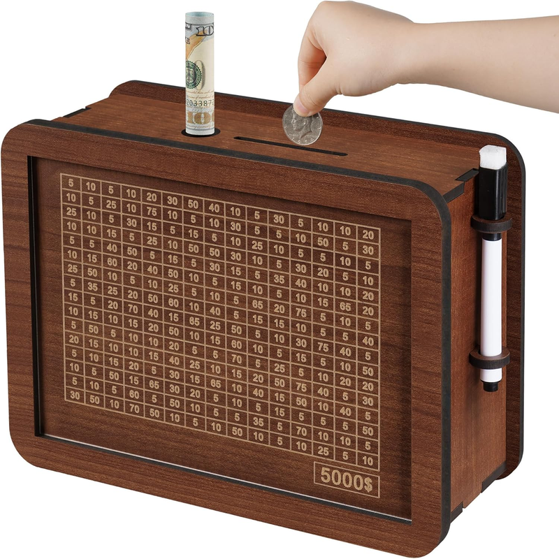 Cash Vault Wooden Savings Challenge Box, Wooden Cash Savings Box with Money Target and Numbers