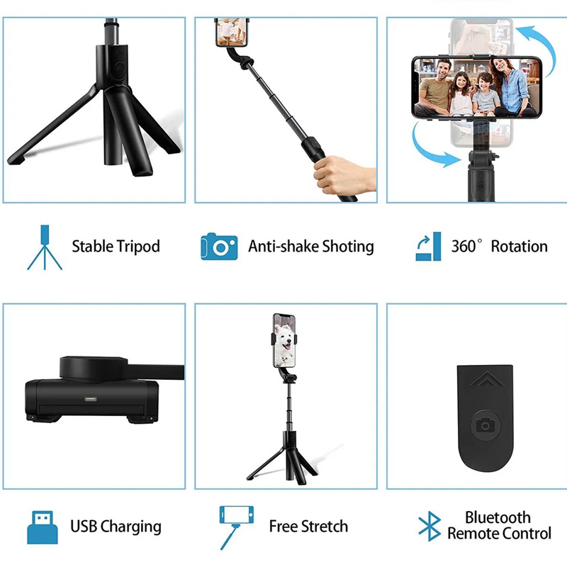 Smart Phone Stabilizer with Extendable Selfie Stick Tripod & Handheld Bluetooth Wireless Remote