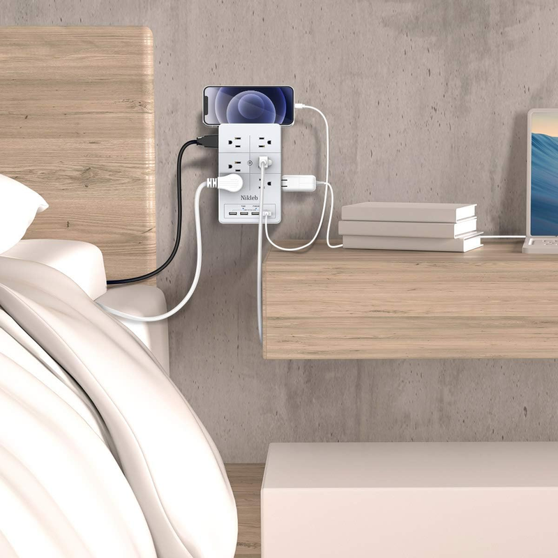 Multi Plug Surge Protection Outlet, 12 Electrical Outlet Extender 3 Sided with 4 USB Charging Ports