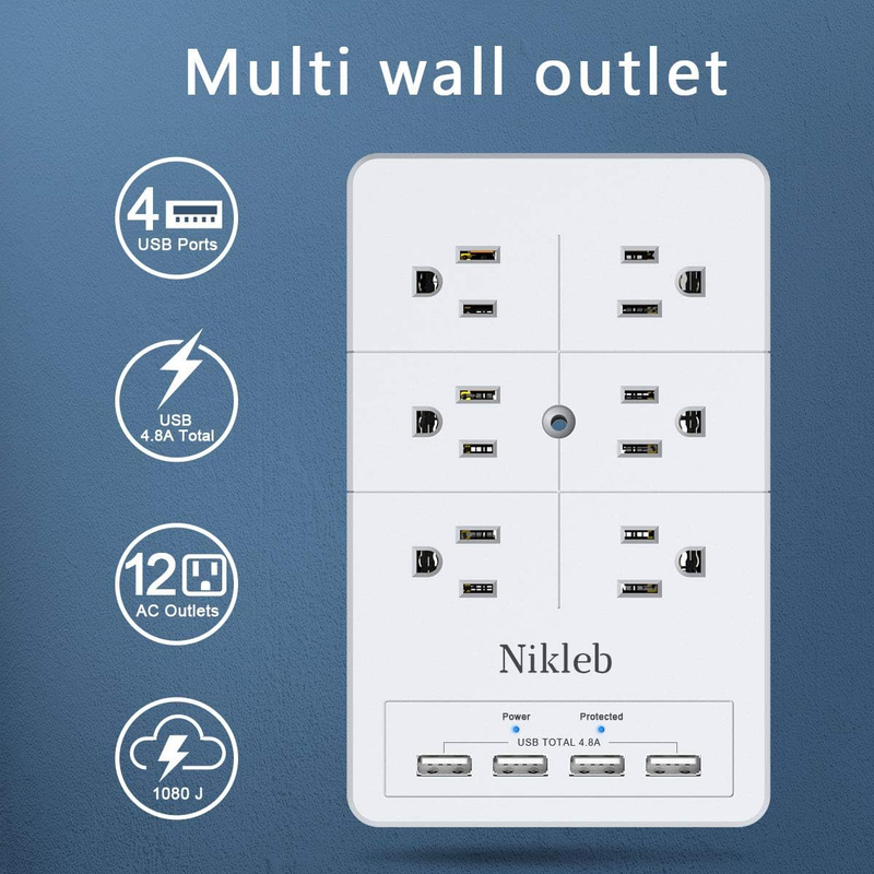 Multi Plug Surge Protection Outlet, 12 Electrical Outlet Extender 3 Sided with 4 USB Charging Ports
