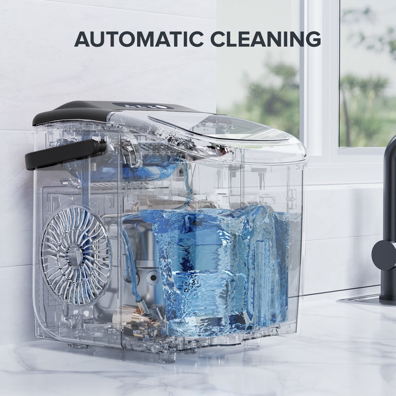 Self-Cleaning Portable Ice Maker Machine with Handle, 9 Bullet-Shaped Ice Cubes Ready in 6 Mins, 26Lbs/24H