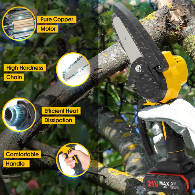 4 Inch Mini Chainsaw with 2 Batteries, Portable Cordless Handled Chain Saw for Trimming