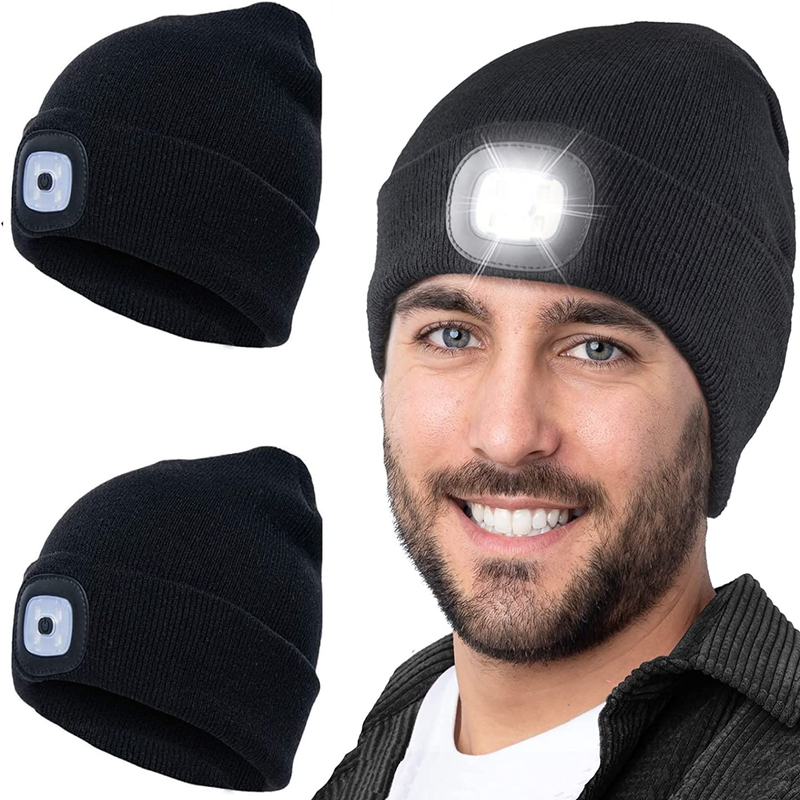2 Pack - LED Beanie with Light - USB Rechargeable Lighted Cap Head Lamp Hat