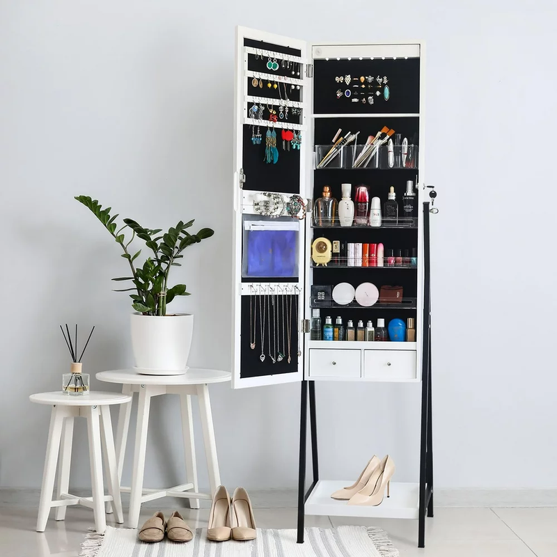 63'' Lighted Freestanding Jewelry Cabinet, Lockable Jewelry Armoire with Full Length Mirror