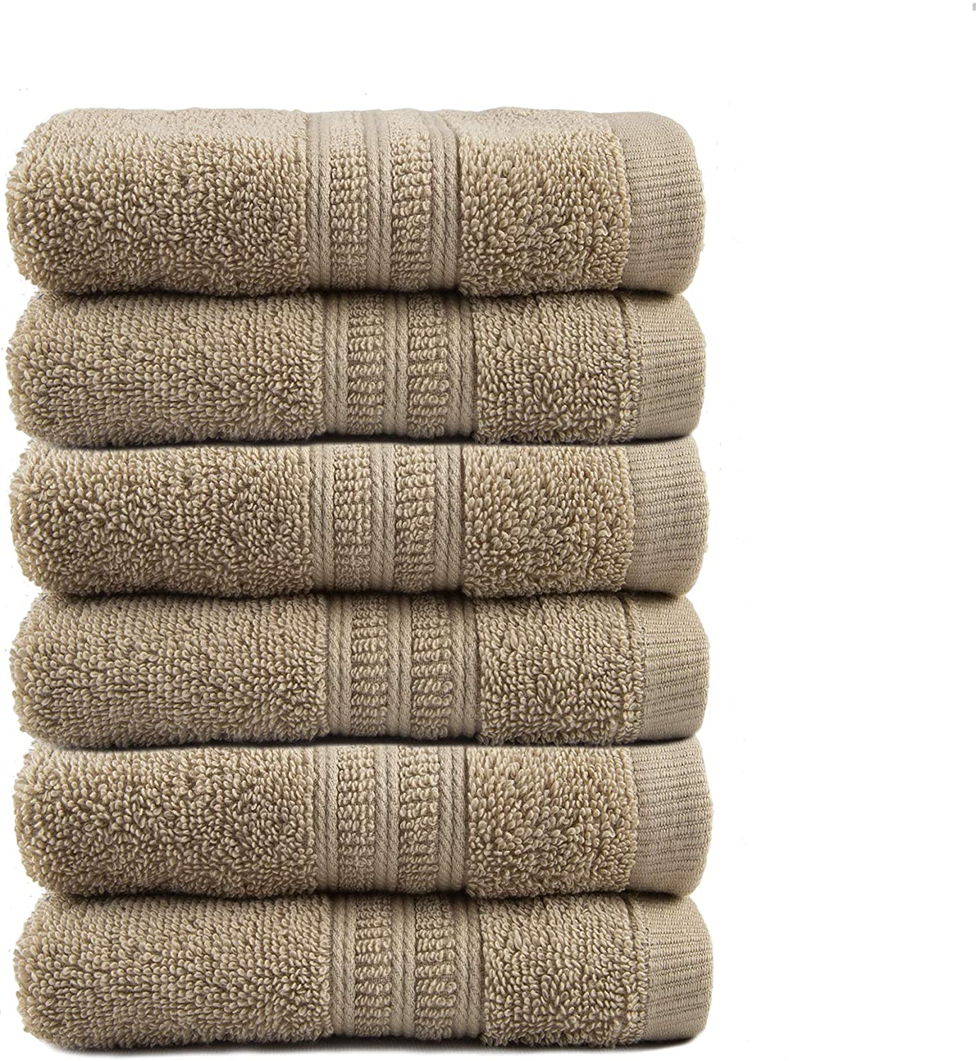 Soft Comfort 100% Air Rich Cotton Yarn Towels, 6 Piece Set - 6 Wash Cloth, Super Soft, High Absorbent, 550 GSM, Machine Washable (Sand)