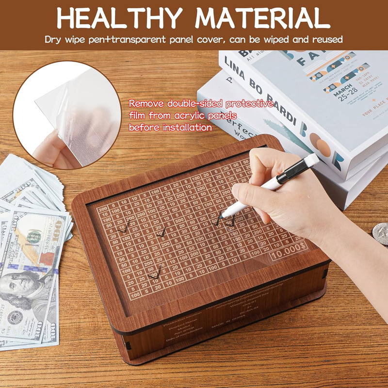 Cash Vault Wooden Savings Challenge Box, Wooden Cash Savings Box with Money Target and Numbers