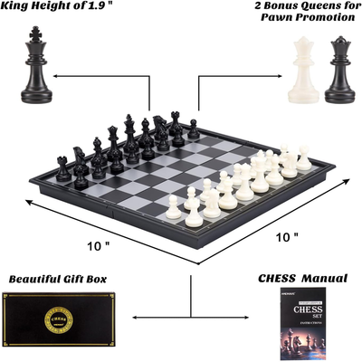 10 Inches Magnetic Travel Chess Set with Folding Chess Board