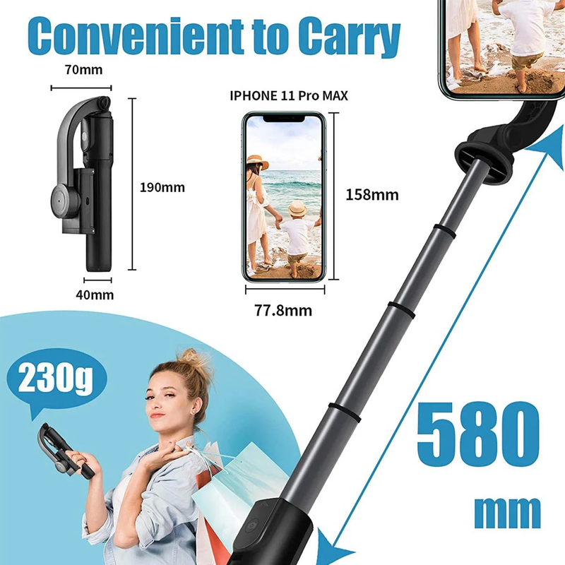 Smart Phone Stabilizer with Extendable Selfie Stick Tripod & Handheld Bluetooth Wireless Remote