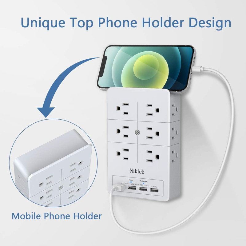 Multi Plug Surge Protection Outlet, 12 Electrical Outlet Extender 3 Sided with 4 USB Charging Ports