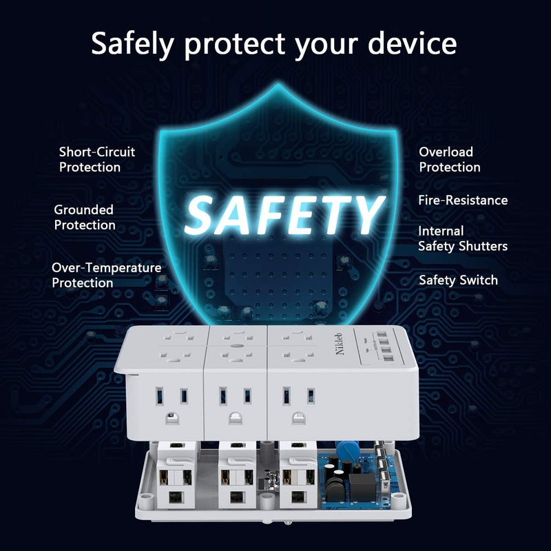 Multi Plug Surge Protection Outlet, 12 Electrical Outlet Extender 3 Sided with 4 USB Charging Ports