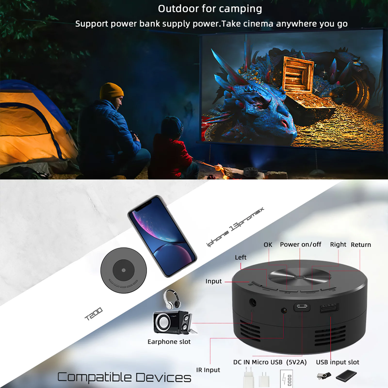 HD Home Theater Movie Projector - 1920*1080P HD - LED Pico Video Mobile Phone Projector w/ Remote Control