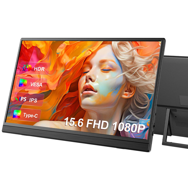 15.6 Inch Portable Monitor for Laptop w/ Stand - 180° Adjustable 1080P IPS Eye Care Screen, Dual Speaker