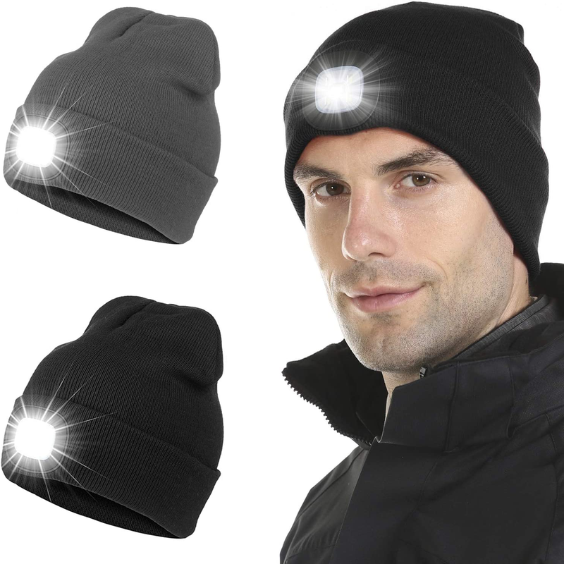 2 Pack - LED Beanie with Light - USB Rechargeable Lighted Cap Head Lamp Hat