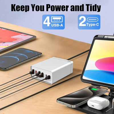 40W Flat Plug 6 Port Multi USB Charging Station with Auto Detect Technology