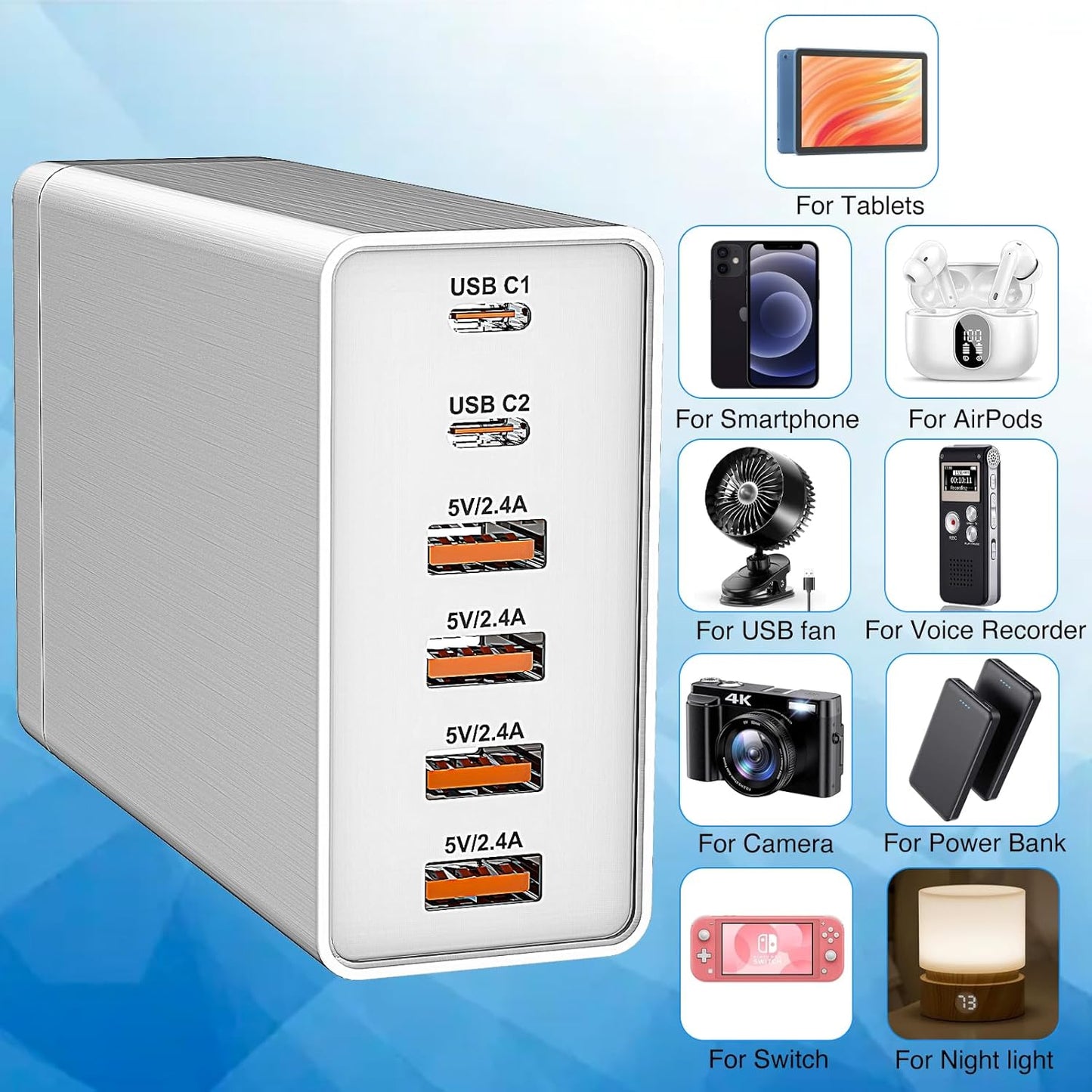 40W Flat Plug 6 Port Multi USB Charging Station with Auto Detect Technology