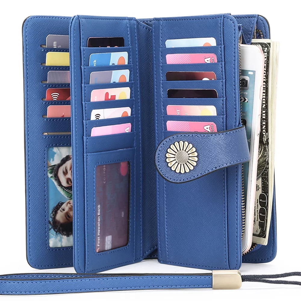 Genuine Leather Credit Card Holder with RFID Blocking Large Capacity Wristlet Wallet