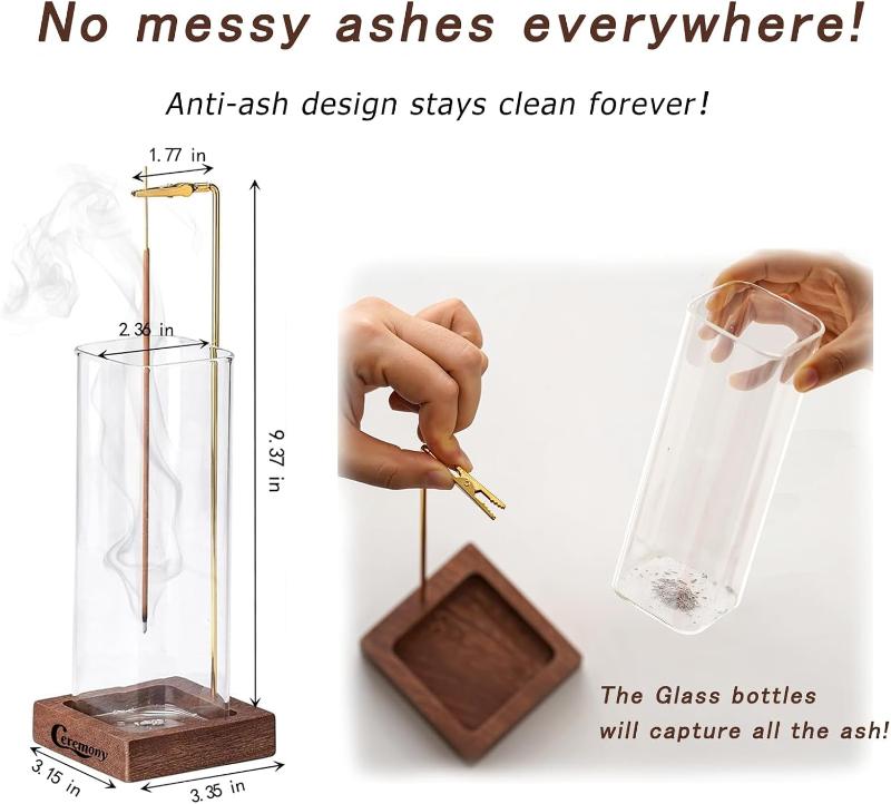 Ceremony Wooden Incense Holder for Sticks with Glass Ash Catcher - Includes 20 Incense Sticks and a Ash Brush
