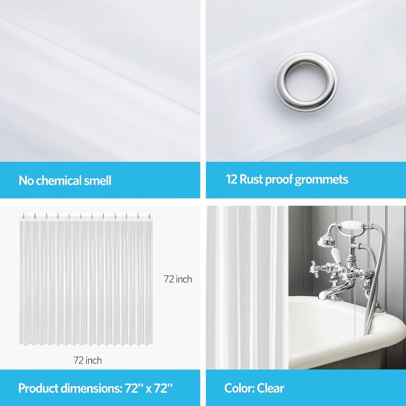 Shower Curtain Liner, 72x72 PEVA Waterproof with Rust-Proof Grommets