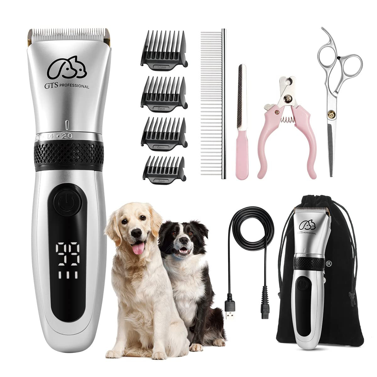 Pet Clippers Professional Dog Grooming Kit Adjustable Low Noise High Power Rechargeable Cordless Pet Grooming Tools , Hair Trimmers for Dogs and Cats, Washable(Ipx5), with LED Display.