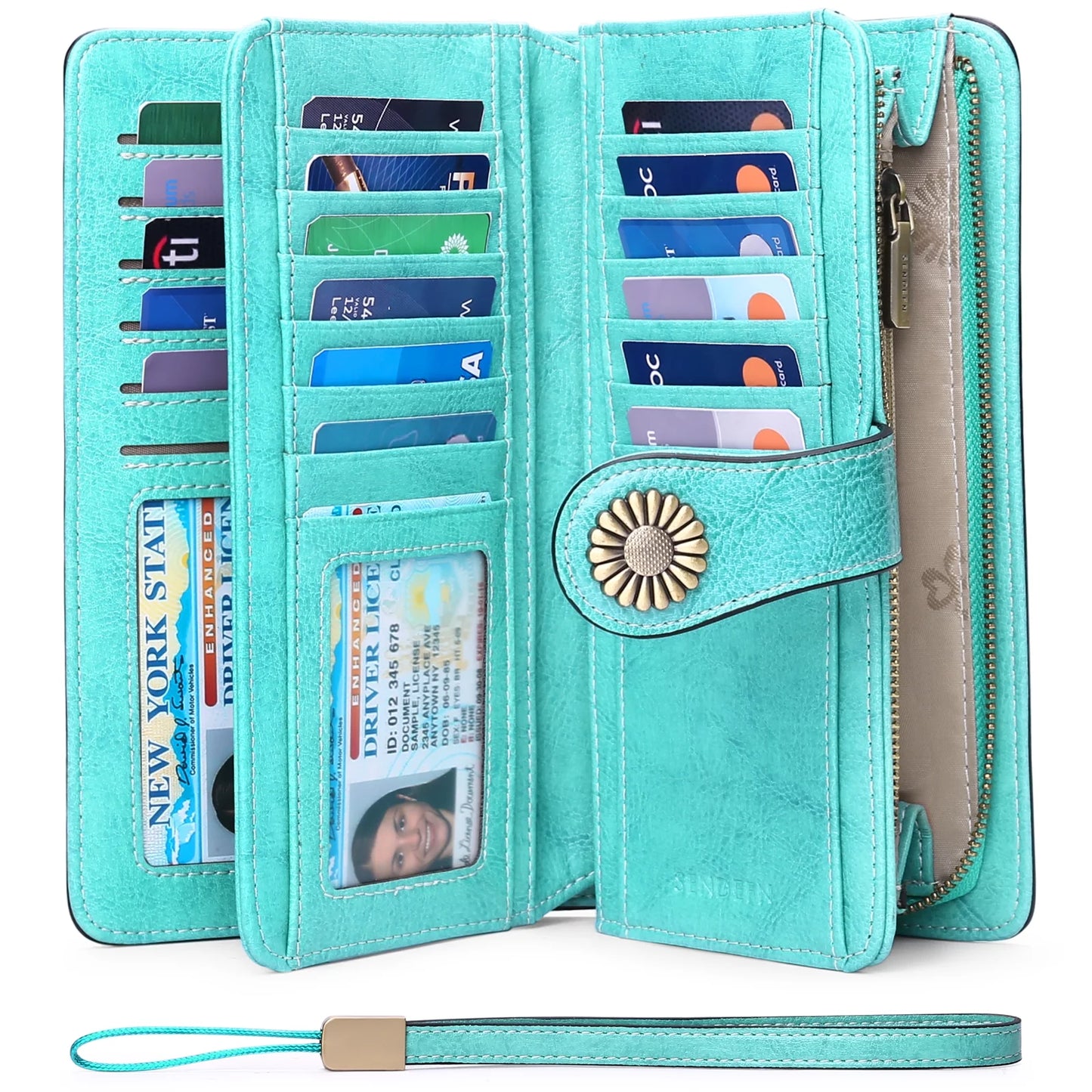 Genuine Leather Credit Card Holder with RFID Blocking Large Capacity Wristlet Wallet