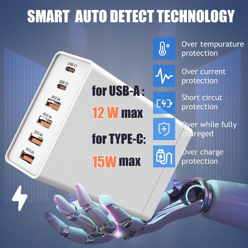 40W Flat Plug 6 Port Multi USB Charging Station with Auto Detect Technology