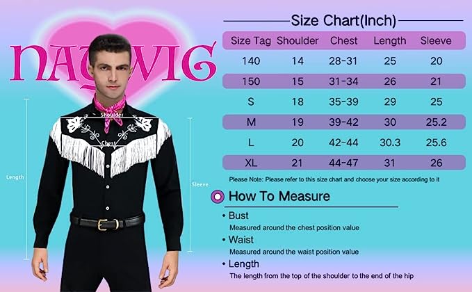 Ken Cowboy Costume With Scarf Western Long Sleeve Fringe Shirt Halloween Cosplay For Mens Boys
