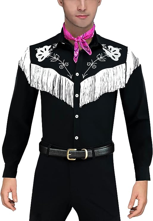 Ken Cowboy Costume With Scarf Western Long Sleeve Fringe Shirt Halloween Cosplay For Mens Boys