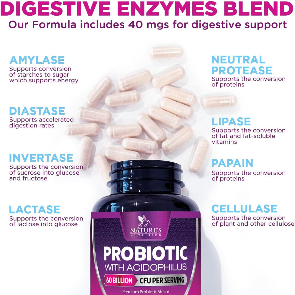 60 Capsules Probiotic Supplement – 60 Billion CFU, 10 Strains with Prebiotics – Digestive & Immune Support, Shelf Stable, for Men & Women