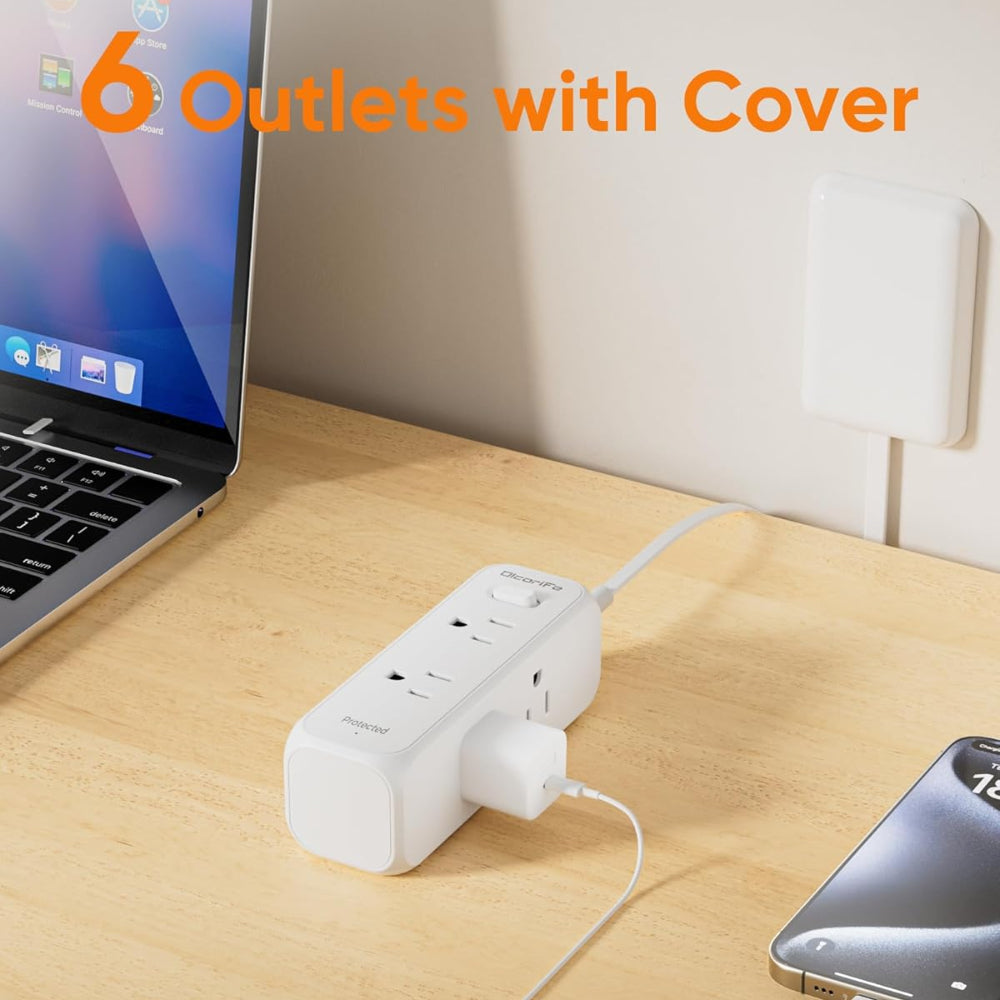 Flat Plug Power Strip Surge Protector with 6 Outlets and Extension Cord