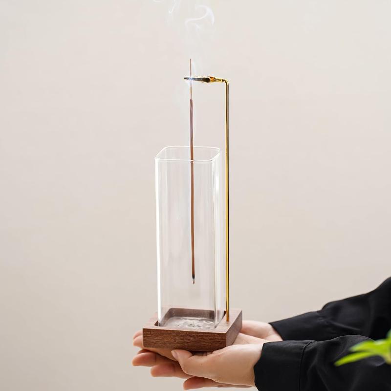 Ceremony Wooden Incense Holder for Sticks with Glass Ash Catcher - Includes 20 Incense Sticks and a Ash Brush