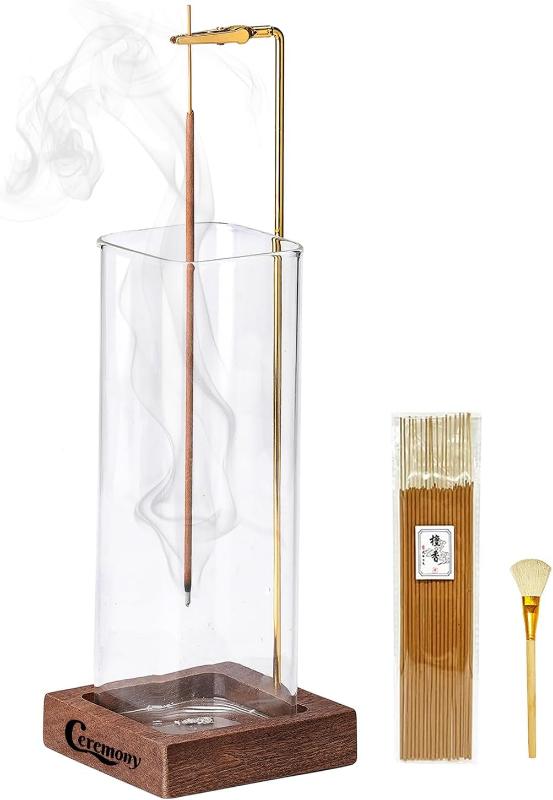 Ceremony Wooden Incense Holder for Sticks with Glass Ash Catcher - Includes 20 Incense Sticks and a Ash Brush