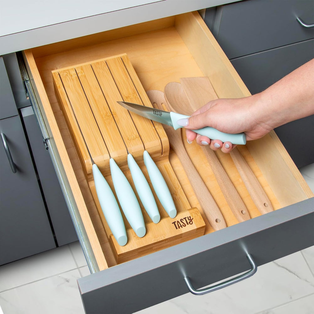 6-Piece Kitchen Knife Set – Space-Saving In-Drawer Organizer – Chef, Bread, Santoku, Utility & Paring Knives, Aqua