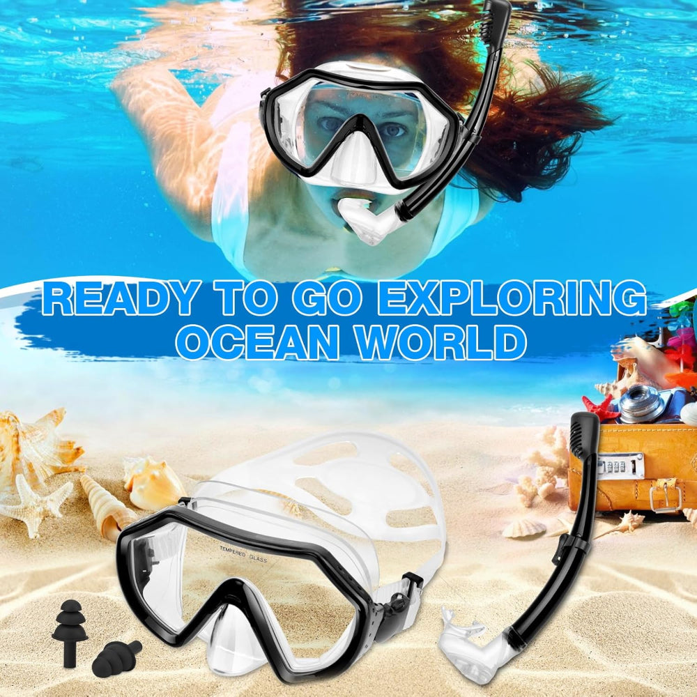 Adult Snorkeling Gear Set - Panoramic Anti Fog Snorkel - Mask with Travel Bag
