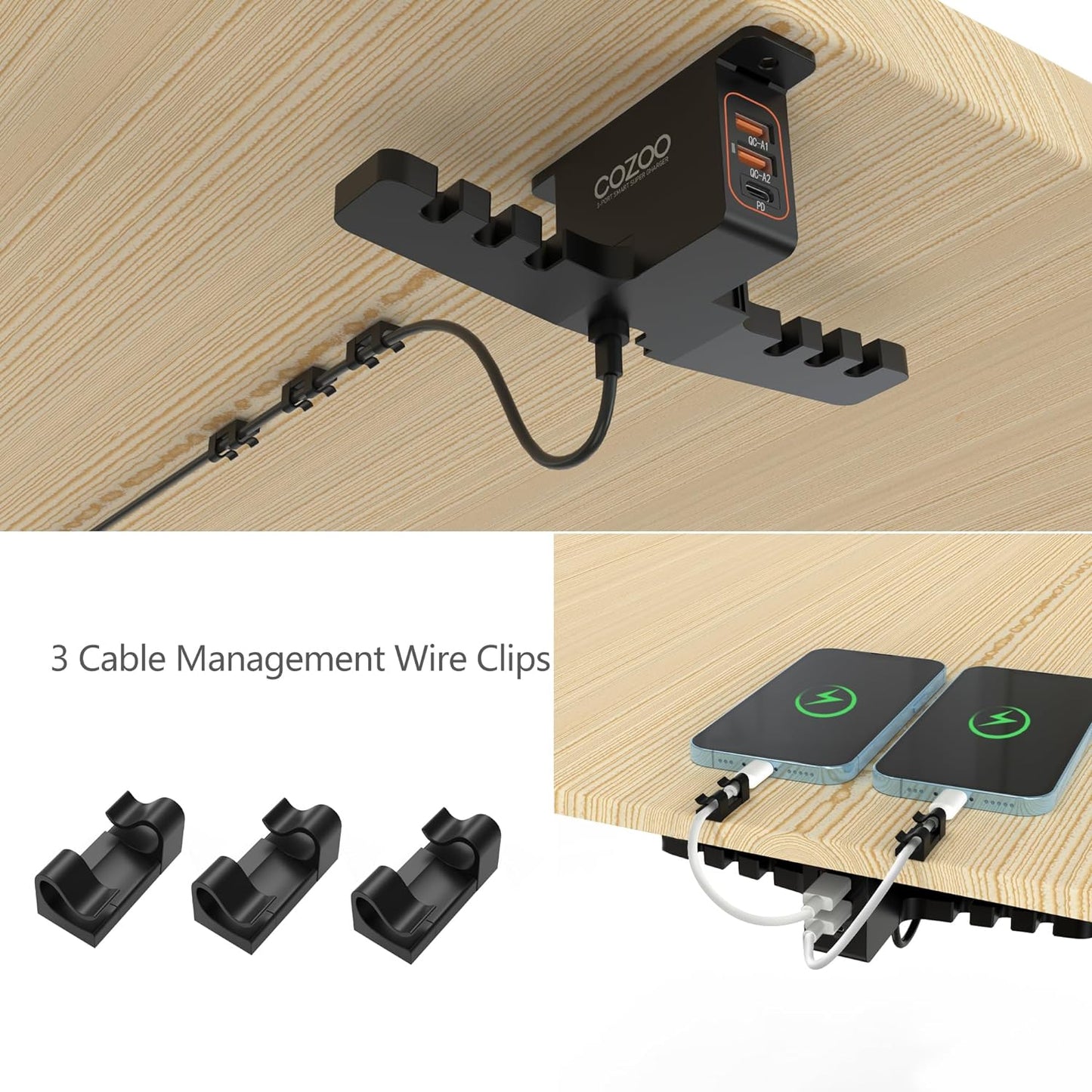 Under Desk Headset Holder Mount with 3 Port USB Charging Station