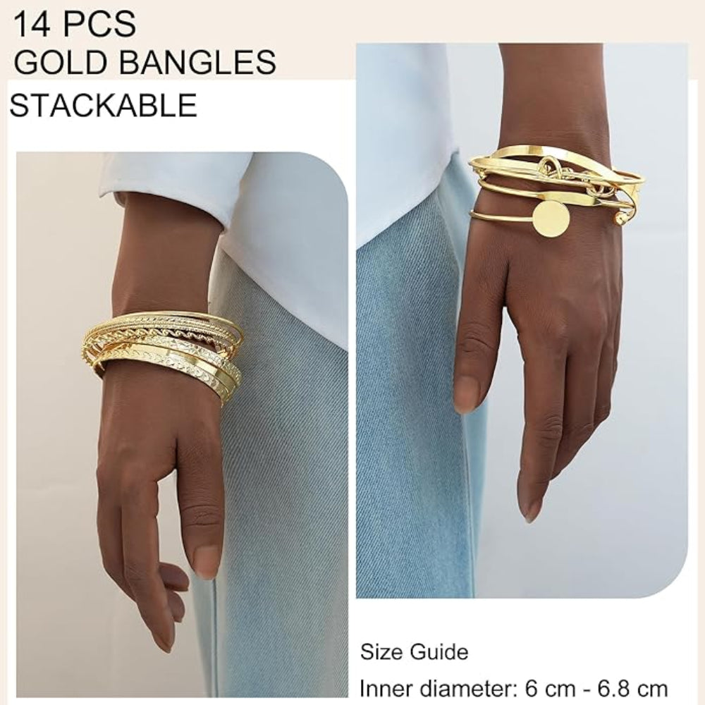 14-Piece Gold Bangle Bracelet Set – Stackable Multi-Layer Boho Bracelets – 14K Gold Plated Metal