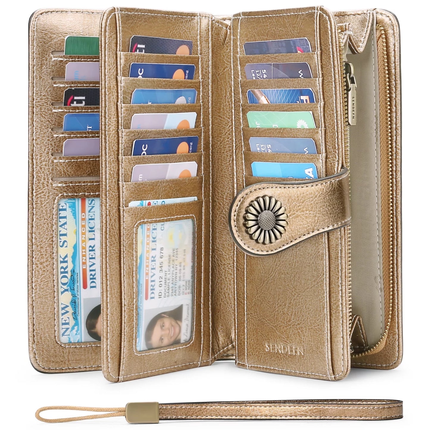 Genuine Leather Credit Card Holder with RFID Blocking Large Capacity Wristlet Wallet