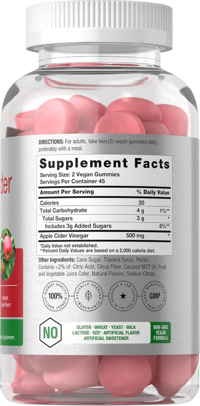 Vegan Apple Cider Vinegar Gummies 90 Count, Non-GMO, Gluten-Free ACV Supplement